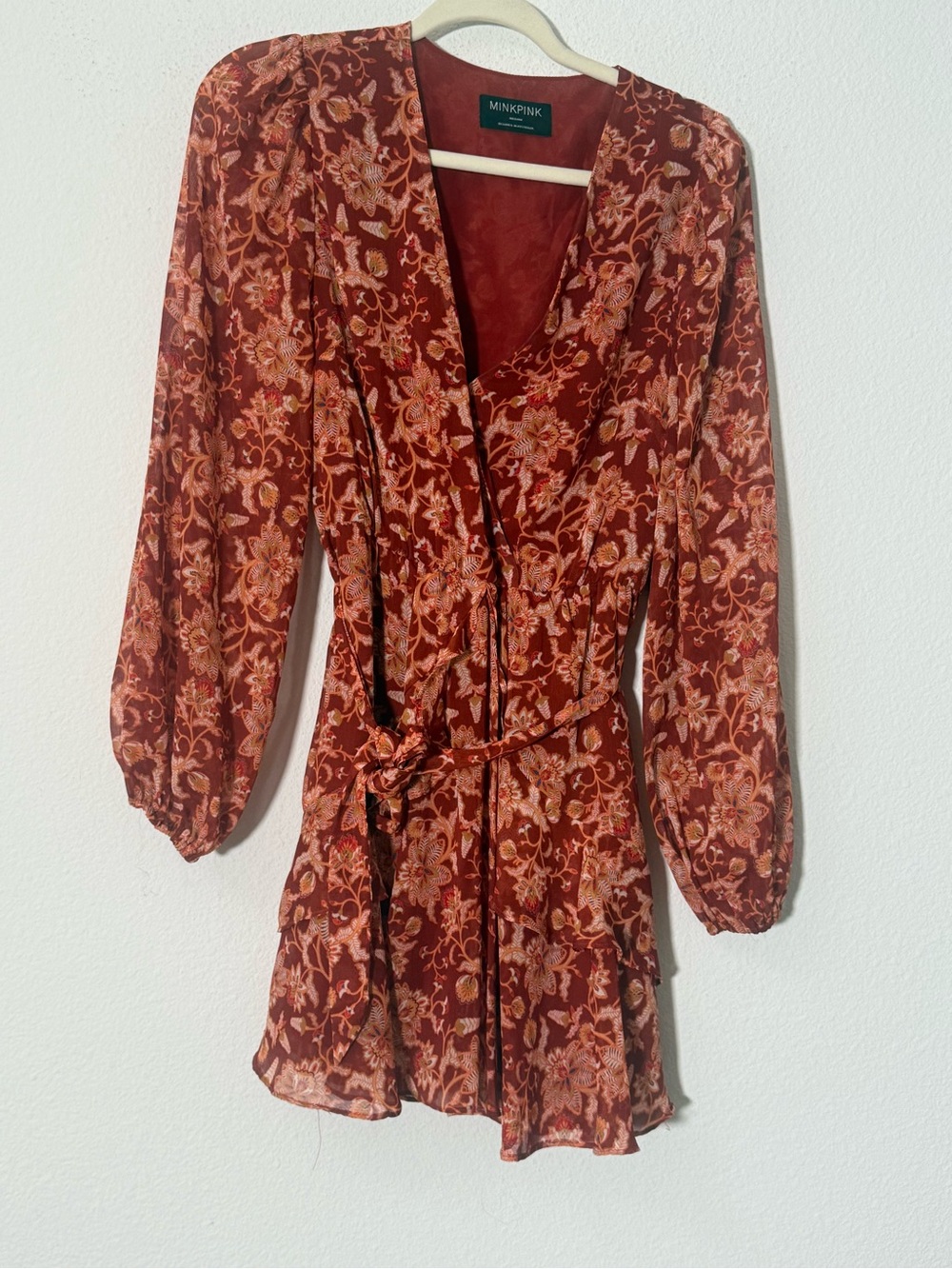 MINKPINK Floral Long Sleeve Wrap Mini Dress Tie Waist Boho Size Medium Festival